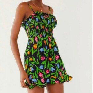 OU Urban Outfitters Sabrina Gauze Smocked Mini Dress Size Large Spring Tulip